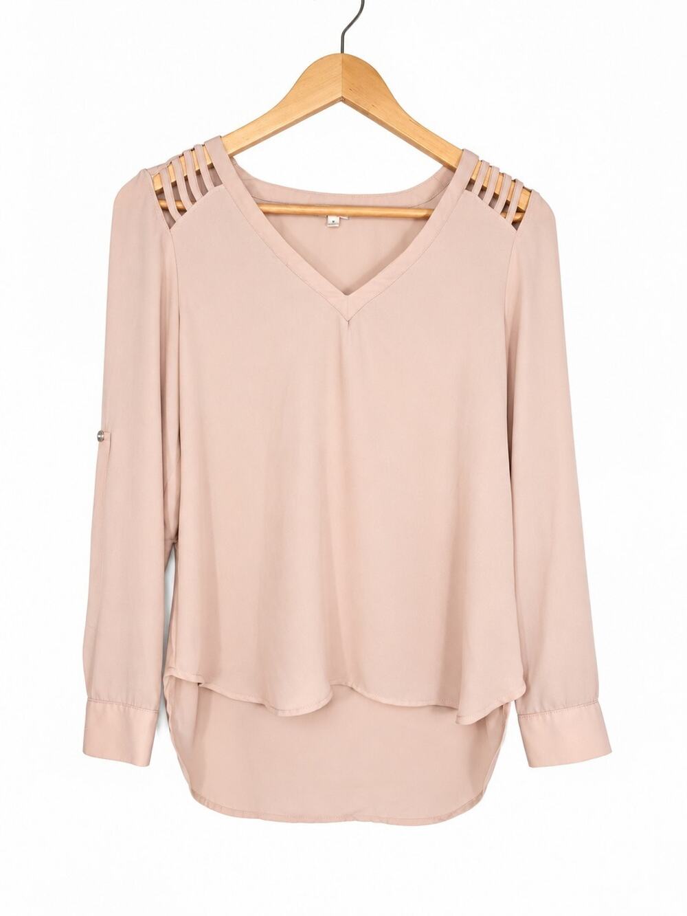 Lily White Women’s Small Blush Pink V-Neck Strappy Shoulder Long Sleeve Blouse